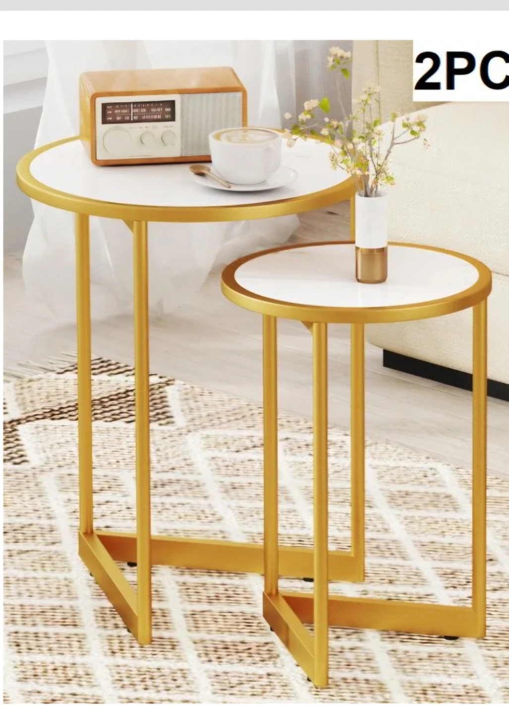 2-Piece Nesting Side Tables - Gold & White Marble