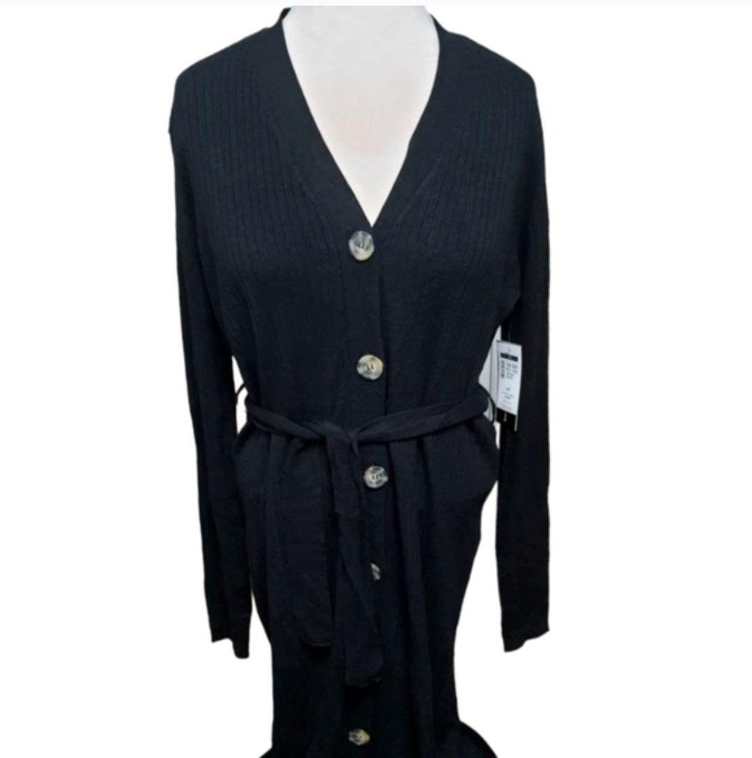 Black Ribbed V-Neck Button-Front Belted Cardigan Dress