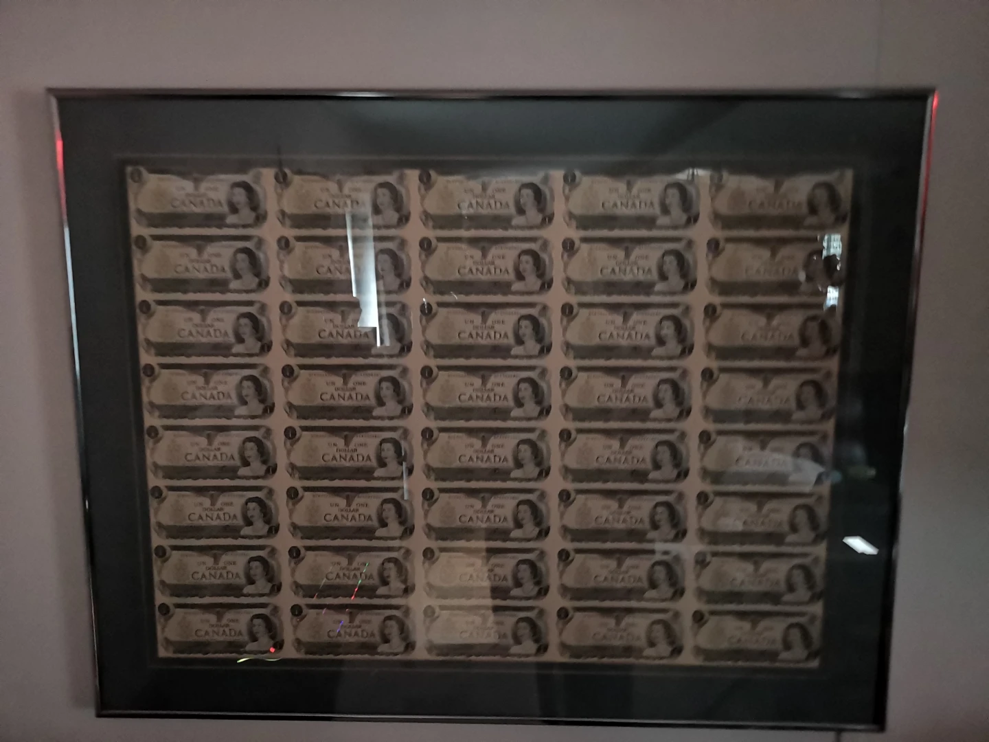 Framed Canadian One Dollar Bills Collection sheet uncut 1973