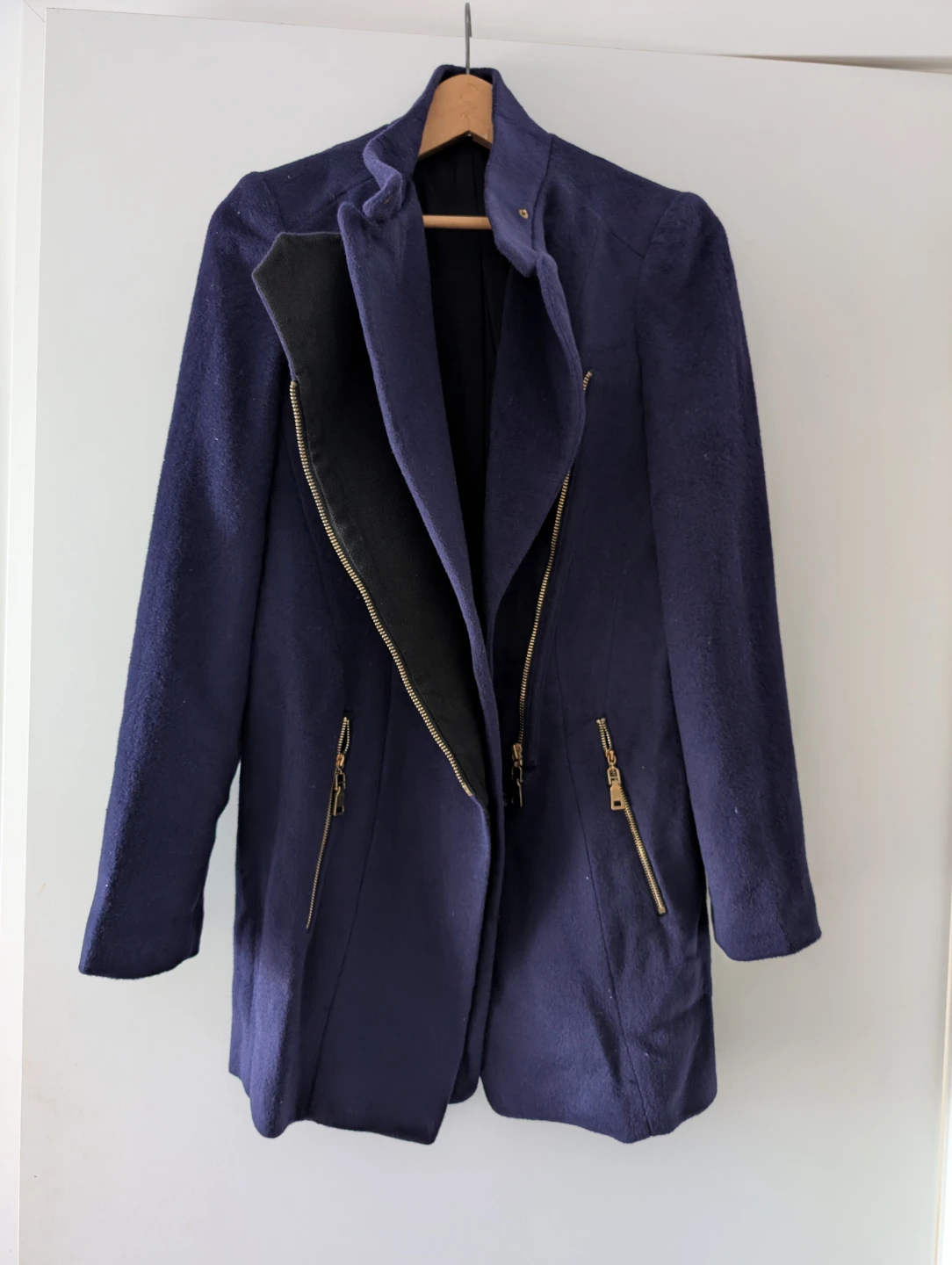 Brand New Navy Asymmetrical Zip Cotton Blend Coat