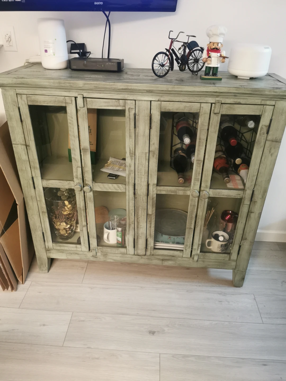 Distressed Green Wine Cabinet with Glass Doors