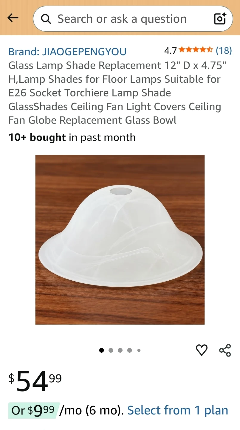 Glass Lamp Shade Replacement 12" D x 4.75" H