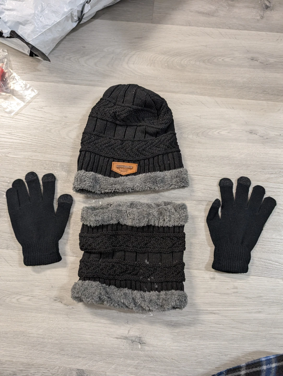 Black Knit Hat, Scarf, and Glove Set