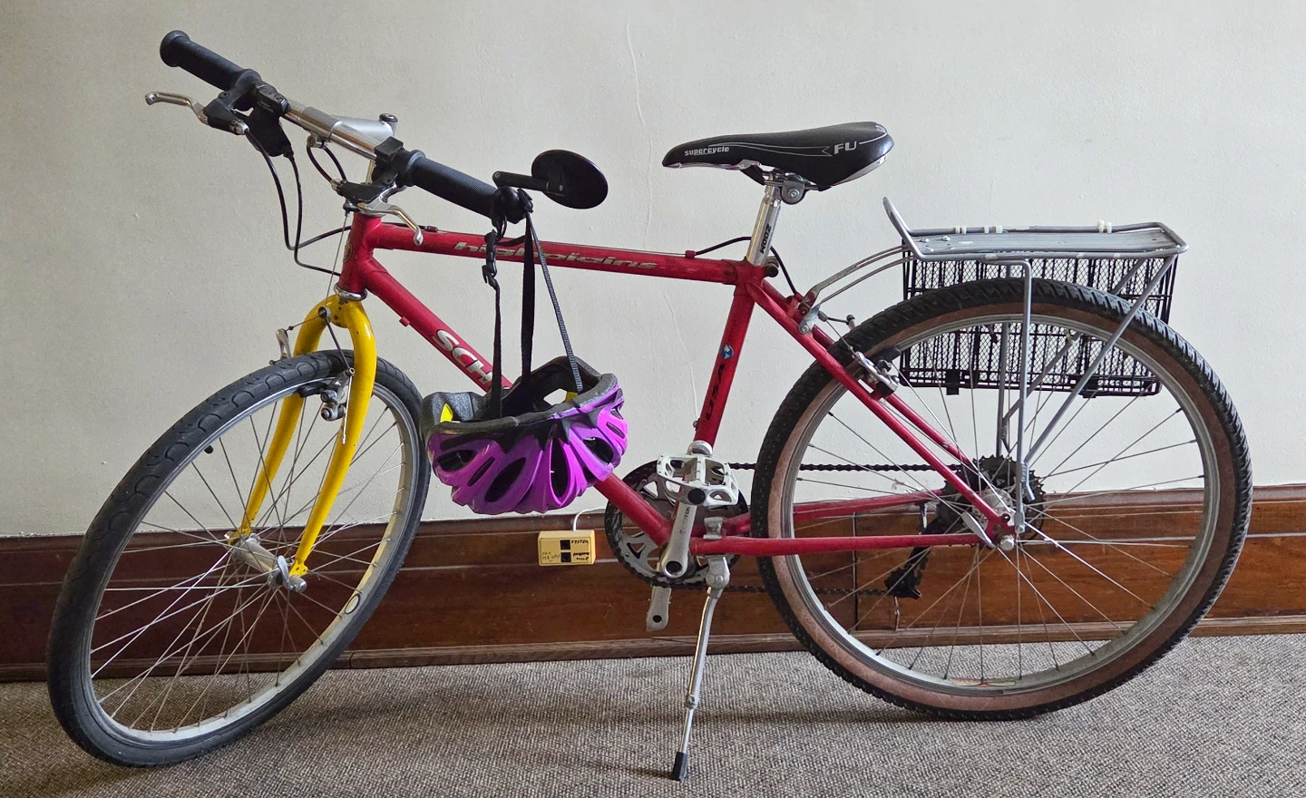 Red Schwinn Mountain Bike with Basket and Helmet