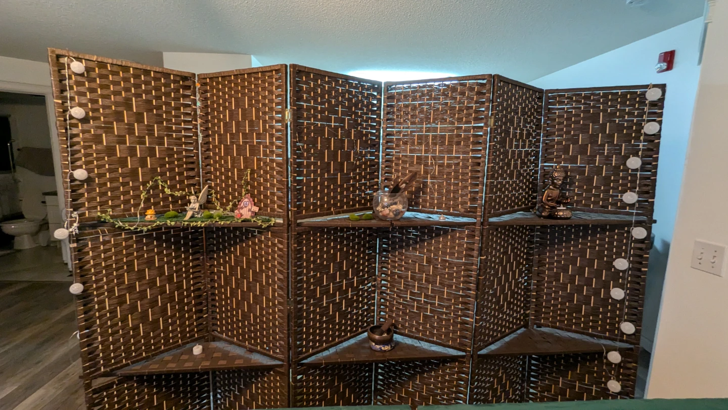 Dark Brown Woven Room Divider with Shelves