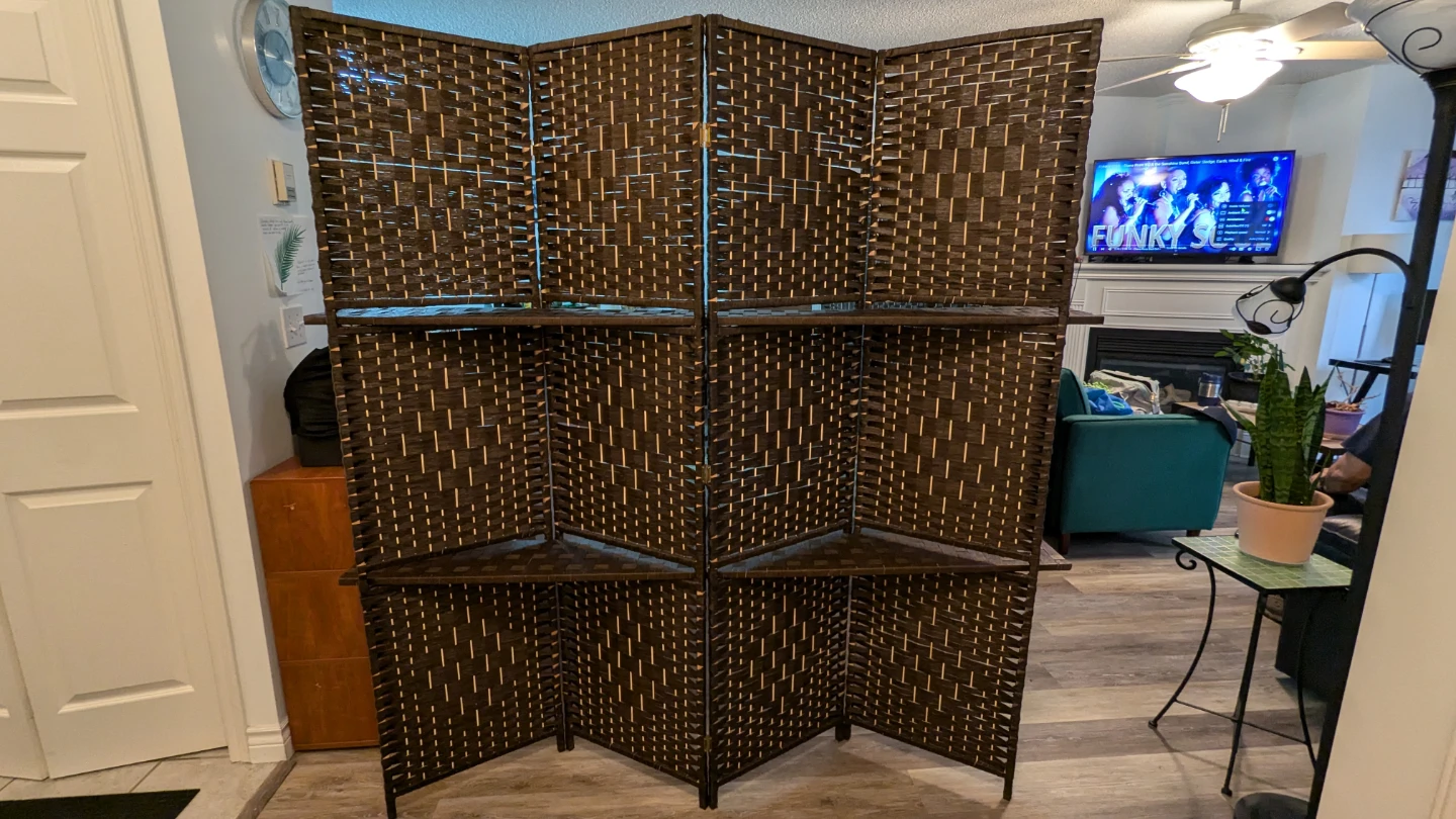 Dark Brown Woven Room Divider with Shelves - photo 2
