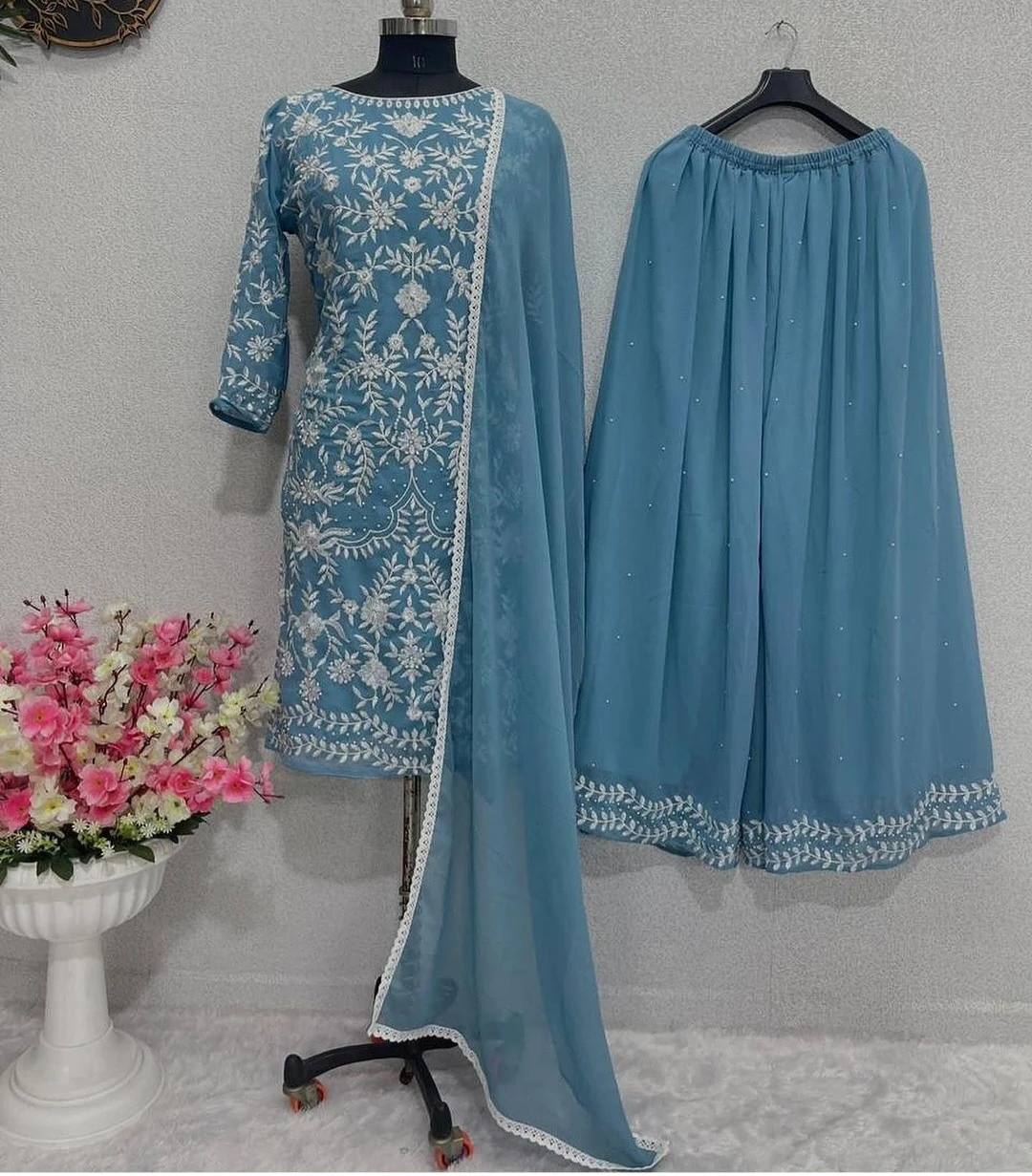 Blue Embroidered 3-Piece Outfit with Dupatta