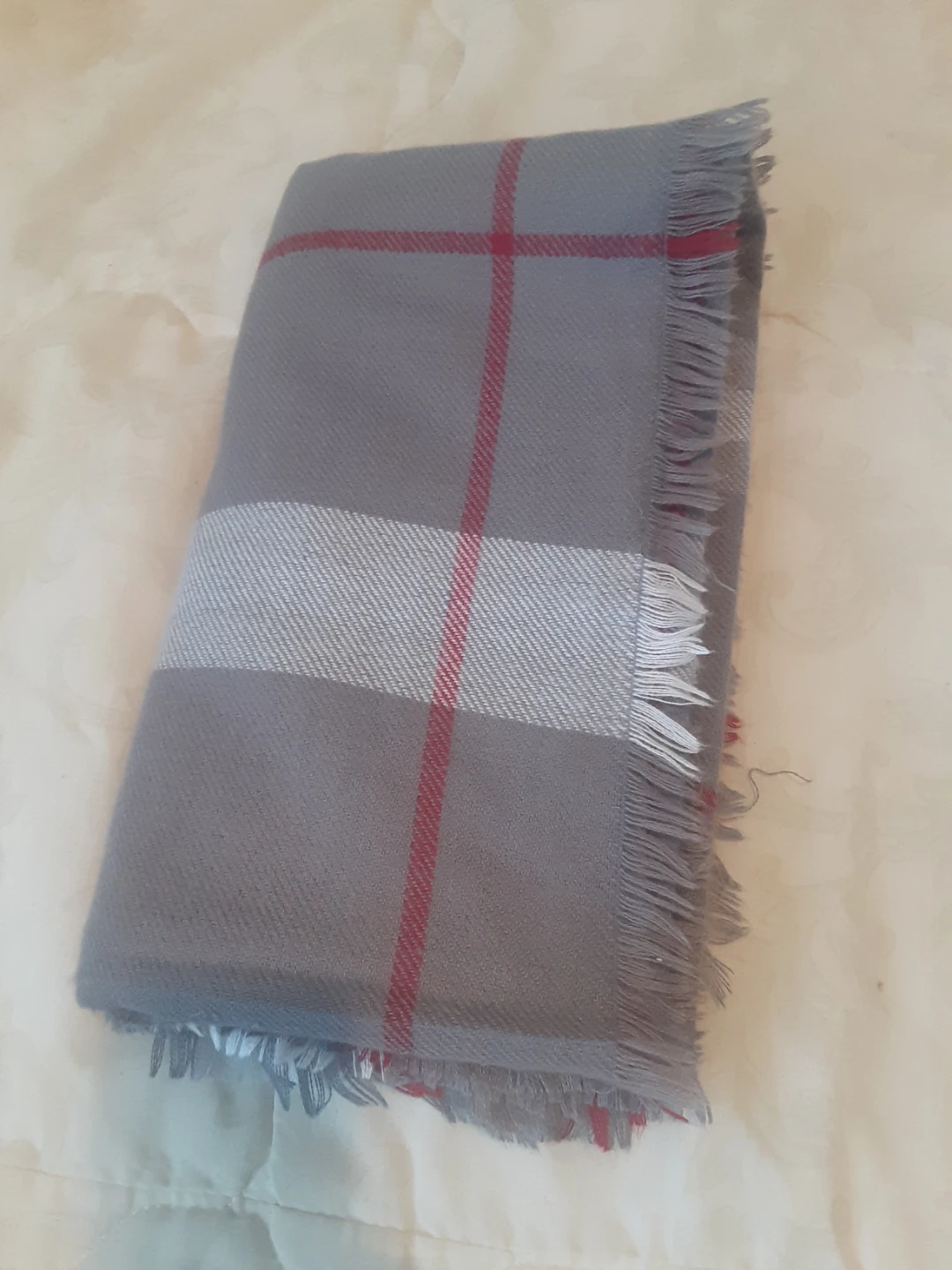 Grey Plaid Scarf with Red and White Stripes