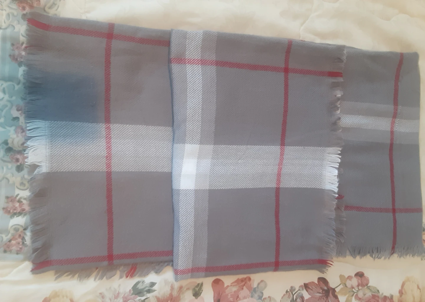 Grey Plaid Scarf with Red and White Stripes - photo 2