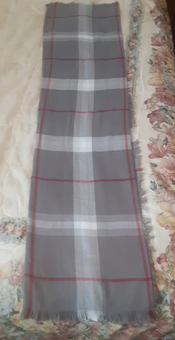 Grey Plaid Scarf with Red and White Stripes - photo 3