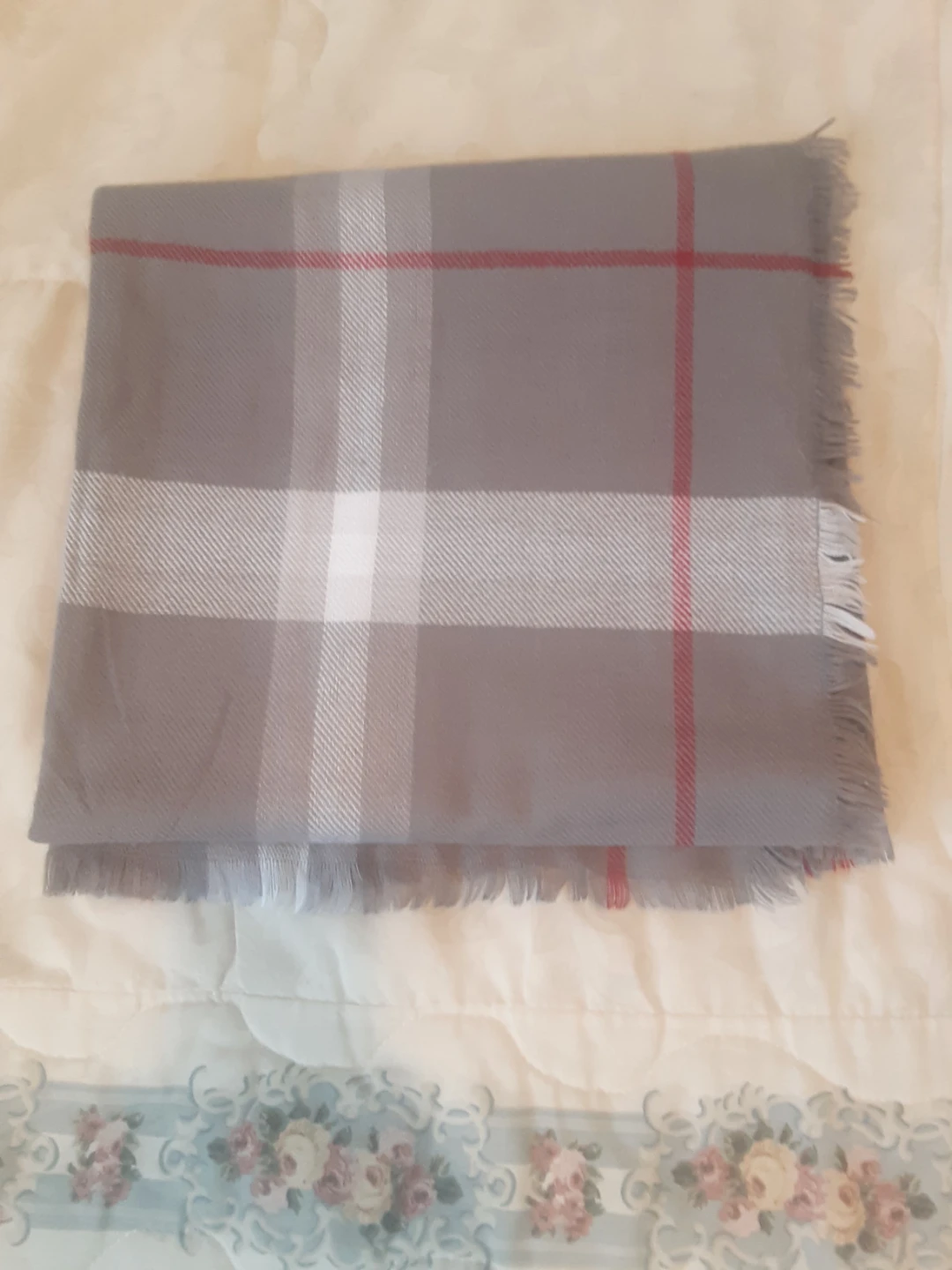 Grey Plaid Scarf with Red and White Stripes - photo 4