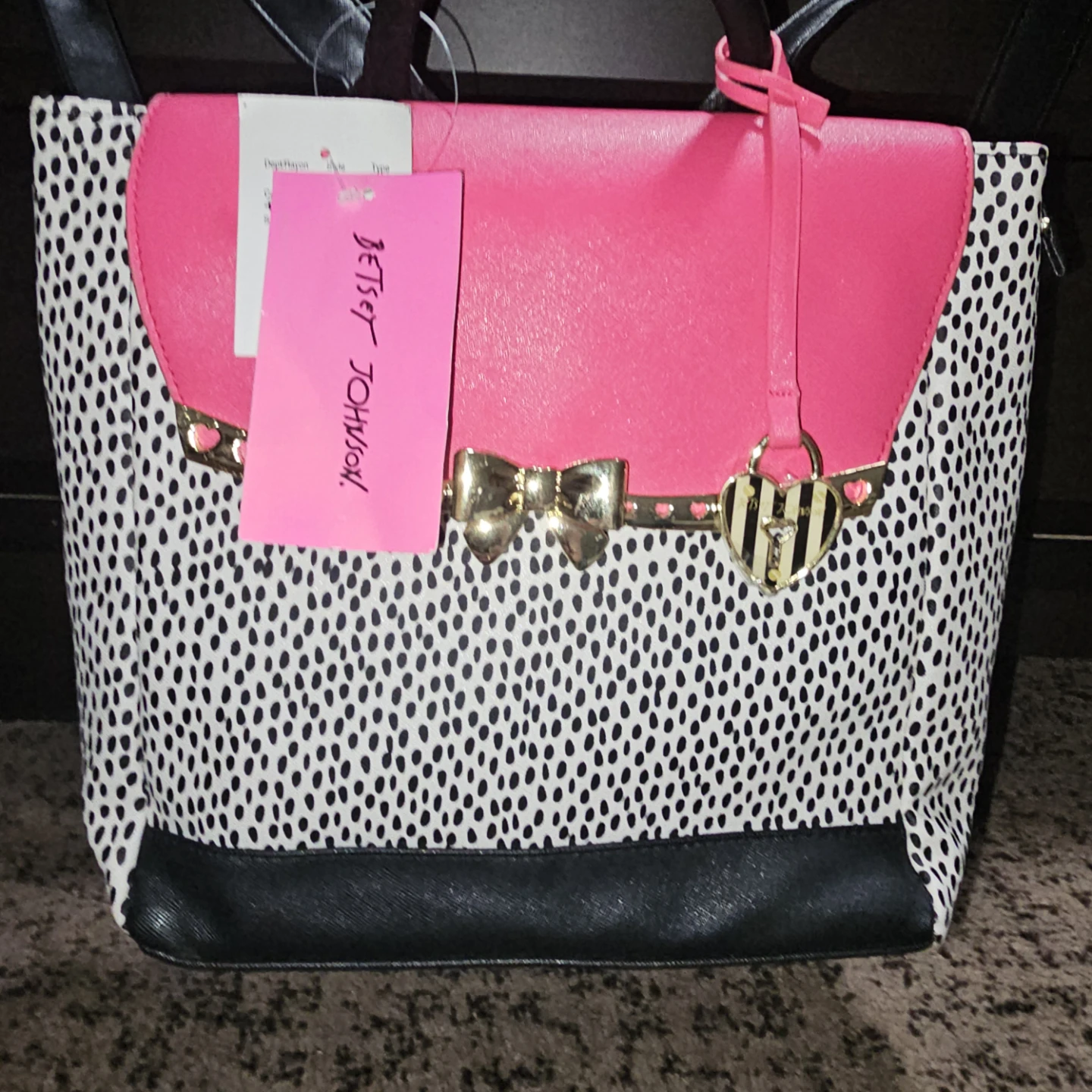 Betsey Johnson Pink & Black Dalmation Print Satchel Handbag
