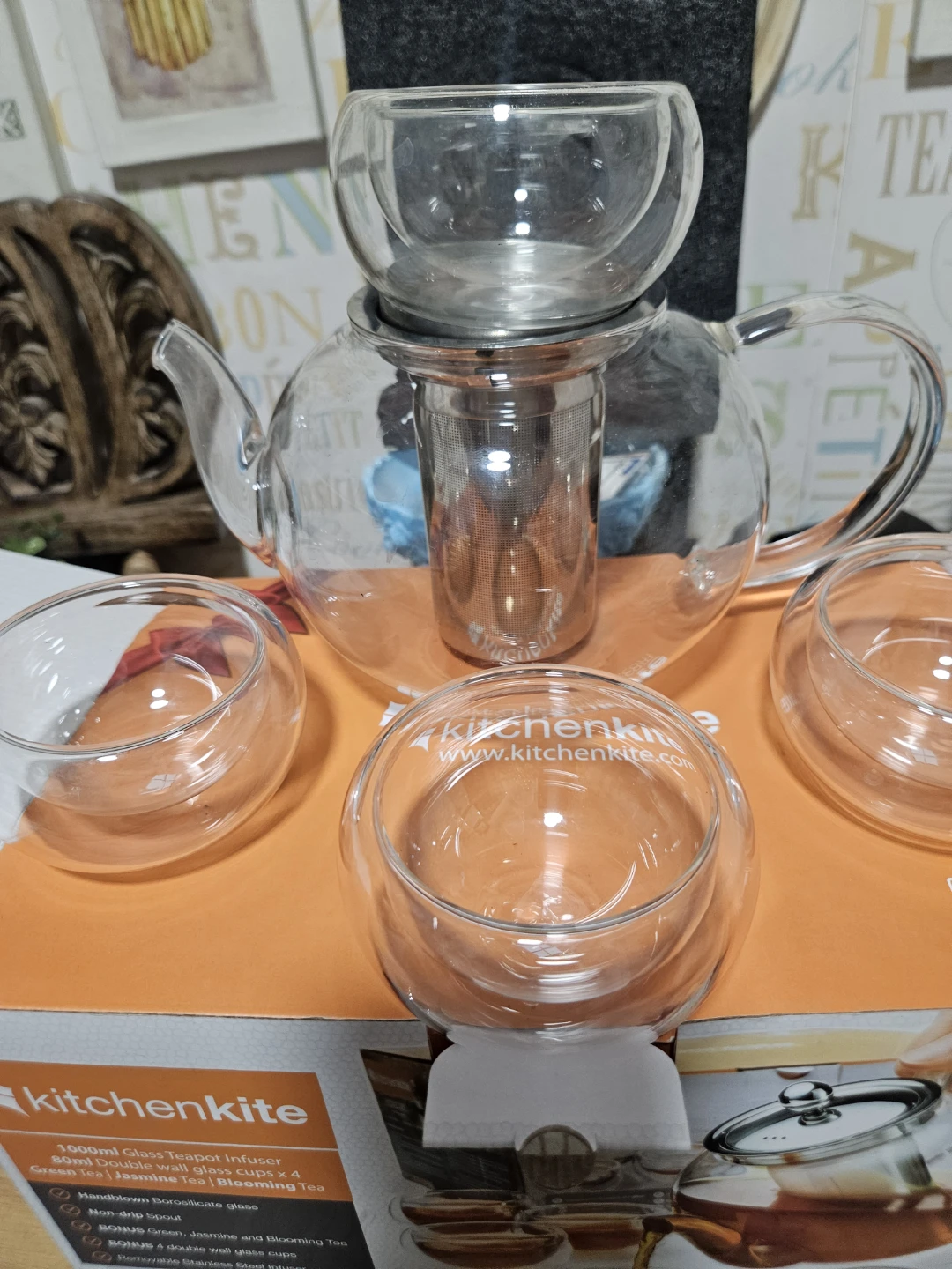 Kitchenkite 1000ml Glass Teapot Set with 4 Double Wall Cups