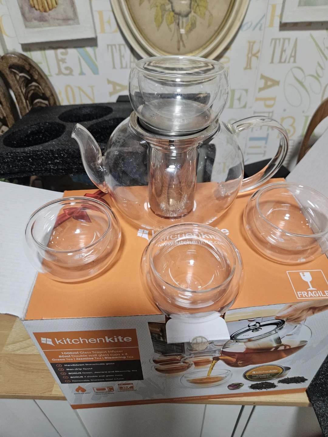 Kitchenkite 1000ml Glass Teapot Set with 4 Double Wall Cups - photo 2