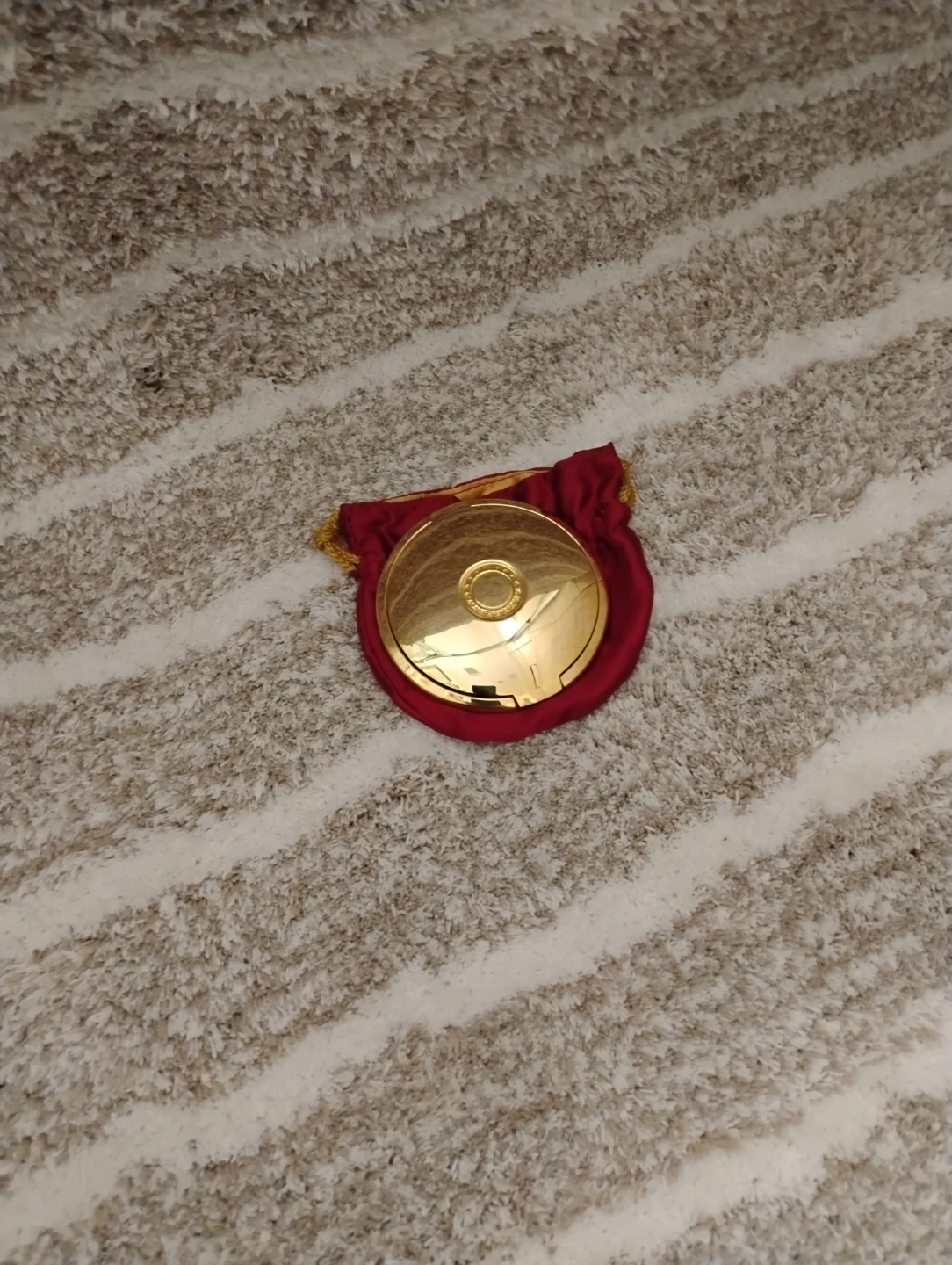 Vintage Gold Tone Compact Mirror with Red Pouch