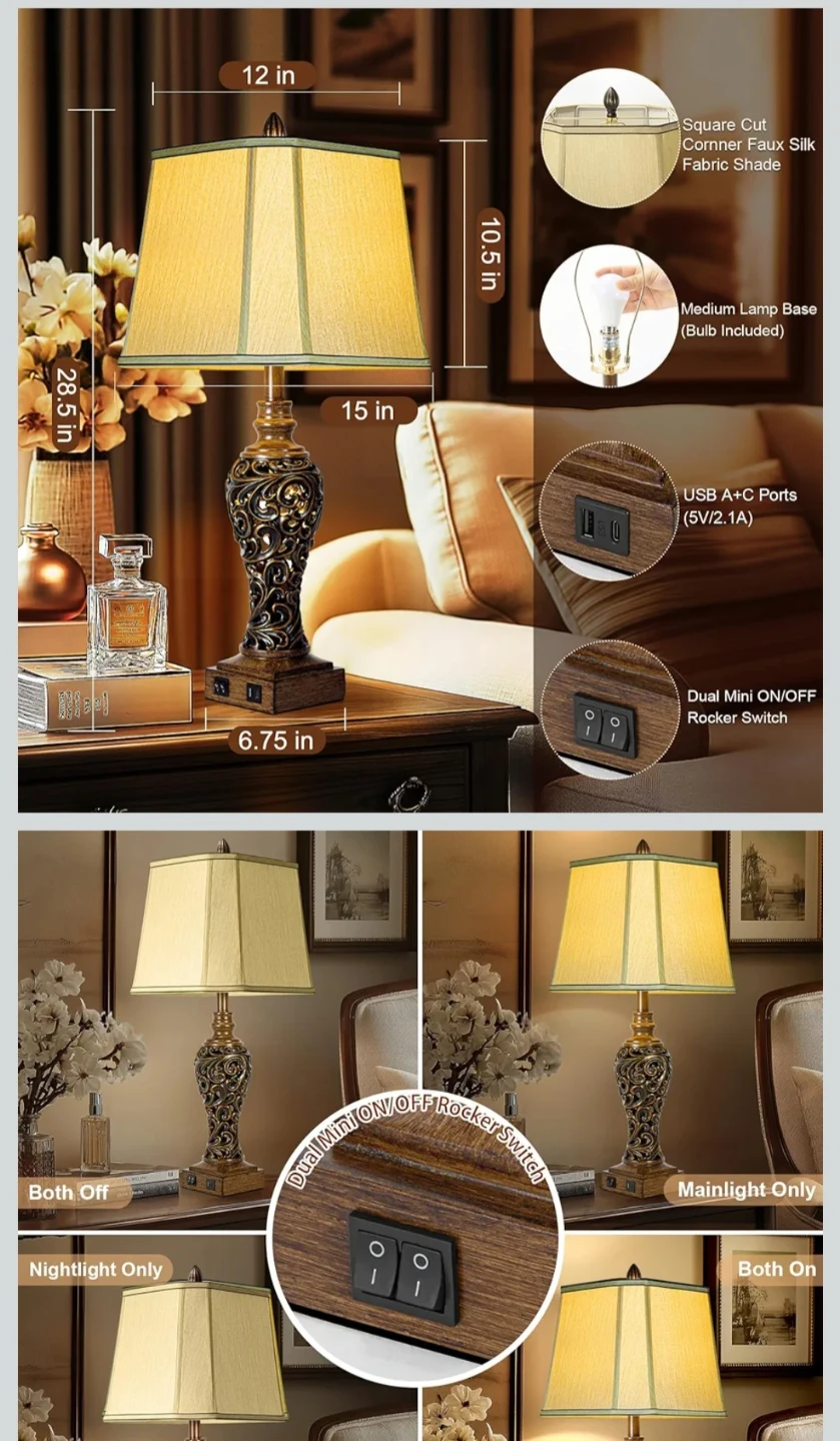Ornate Table Lamps Set of 2 with USB Ports - photo 2