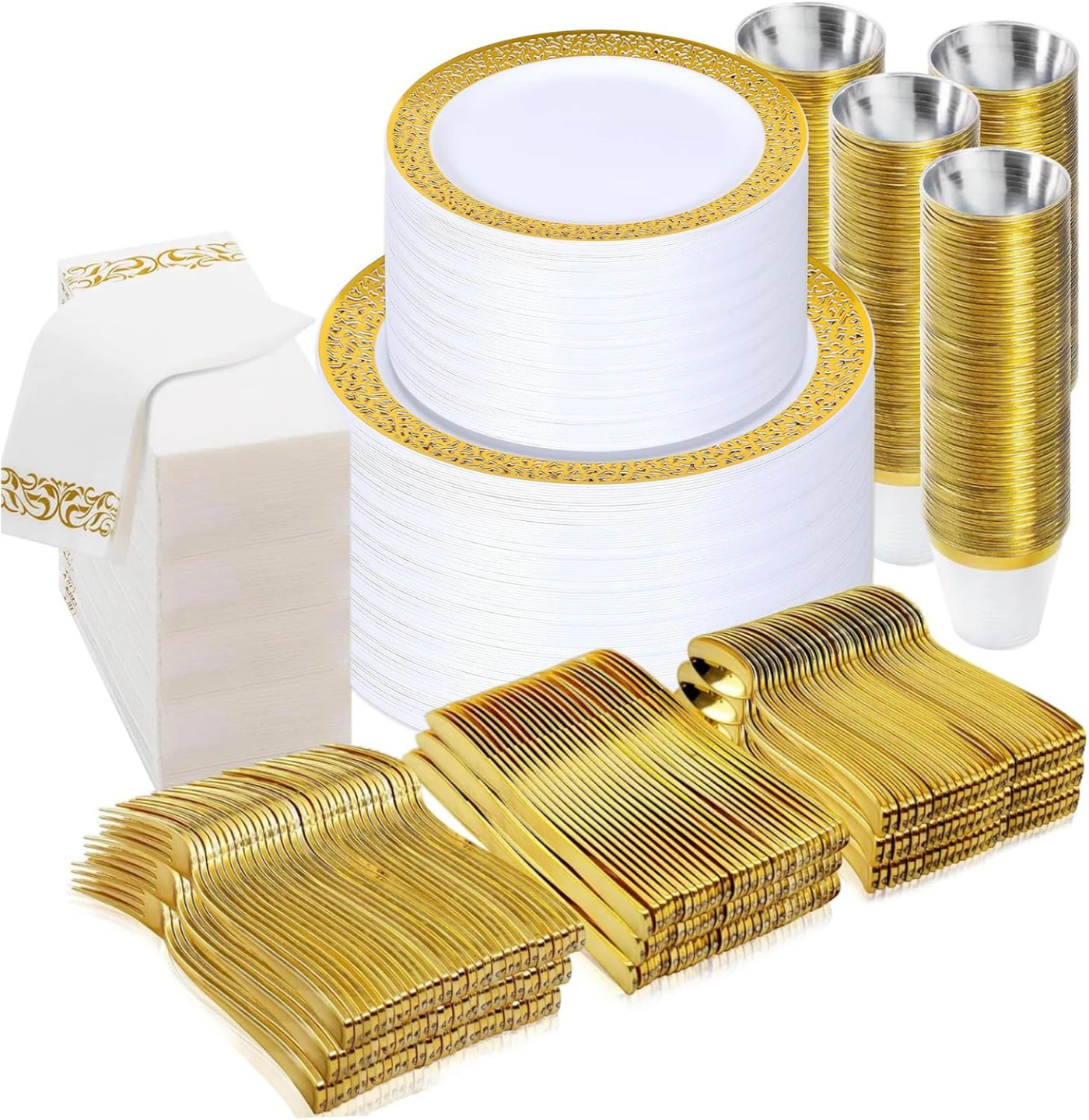 Gold Trimmed Plastic Dinnerware Set with Cutlery and Napkins