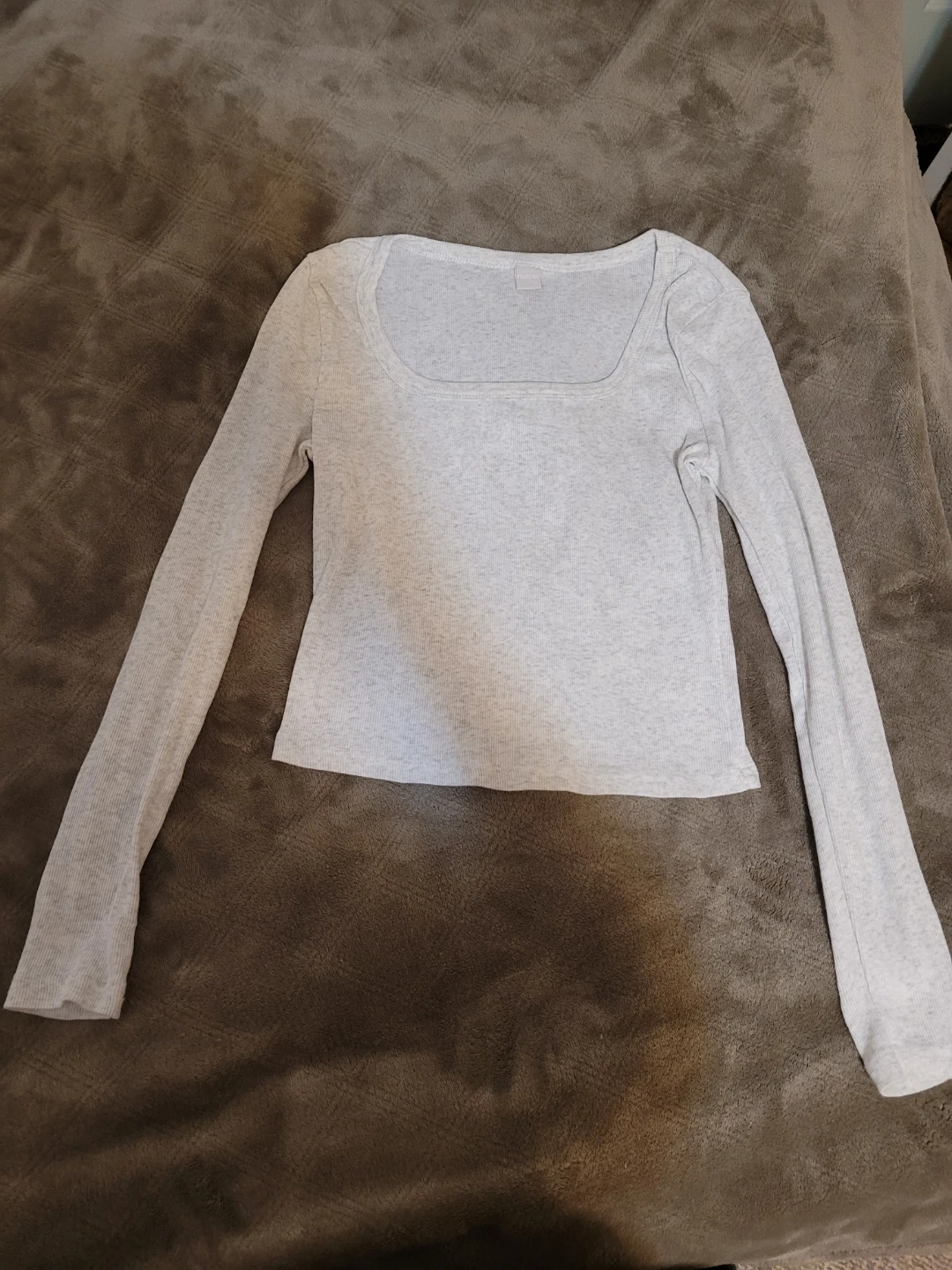 Grey Ribbed Long Sleeve Square Neck Top