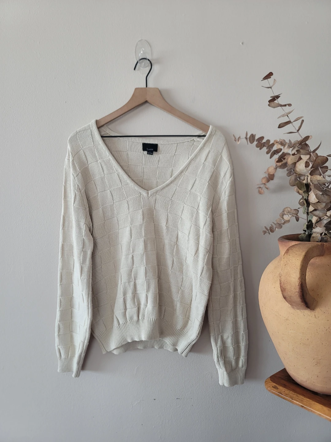 Lumiere Cream Textured Block-Knit V-Neck Minimalist Chic Sz L