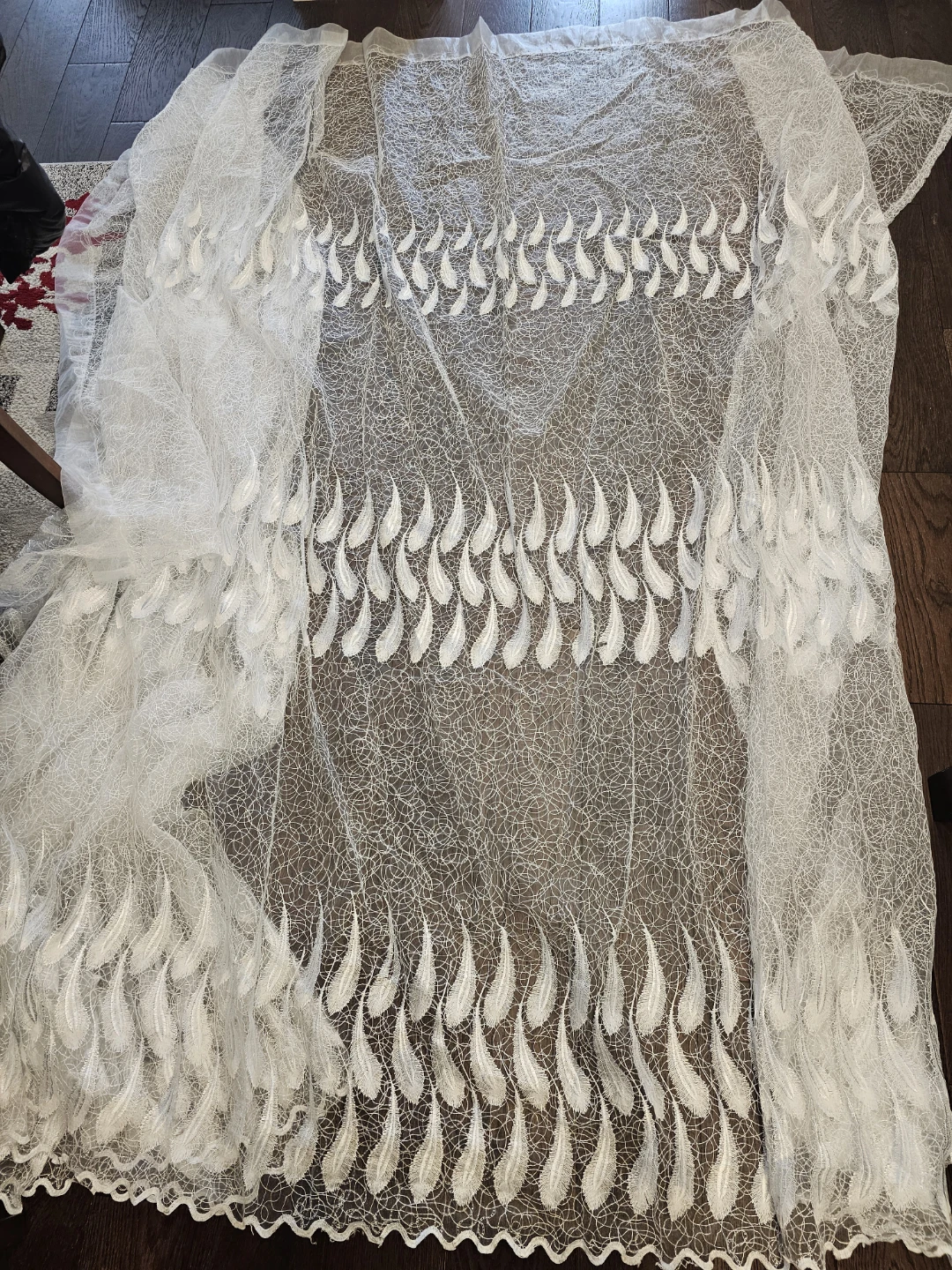 White Lace Curtain Panel with Feather Design