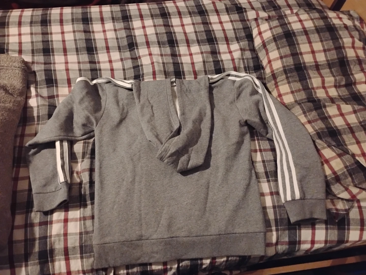 Adidas Grey Hoodie with White Stripes - Size L