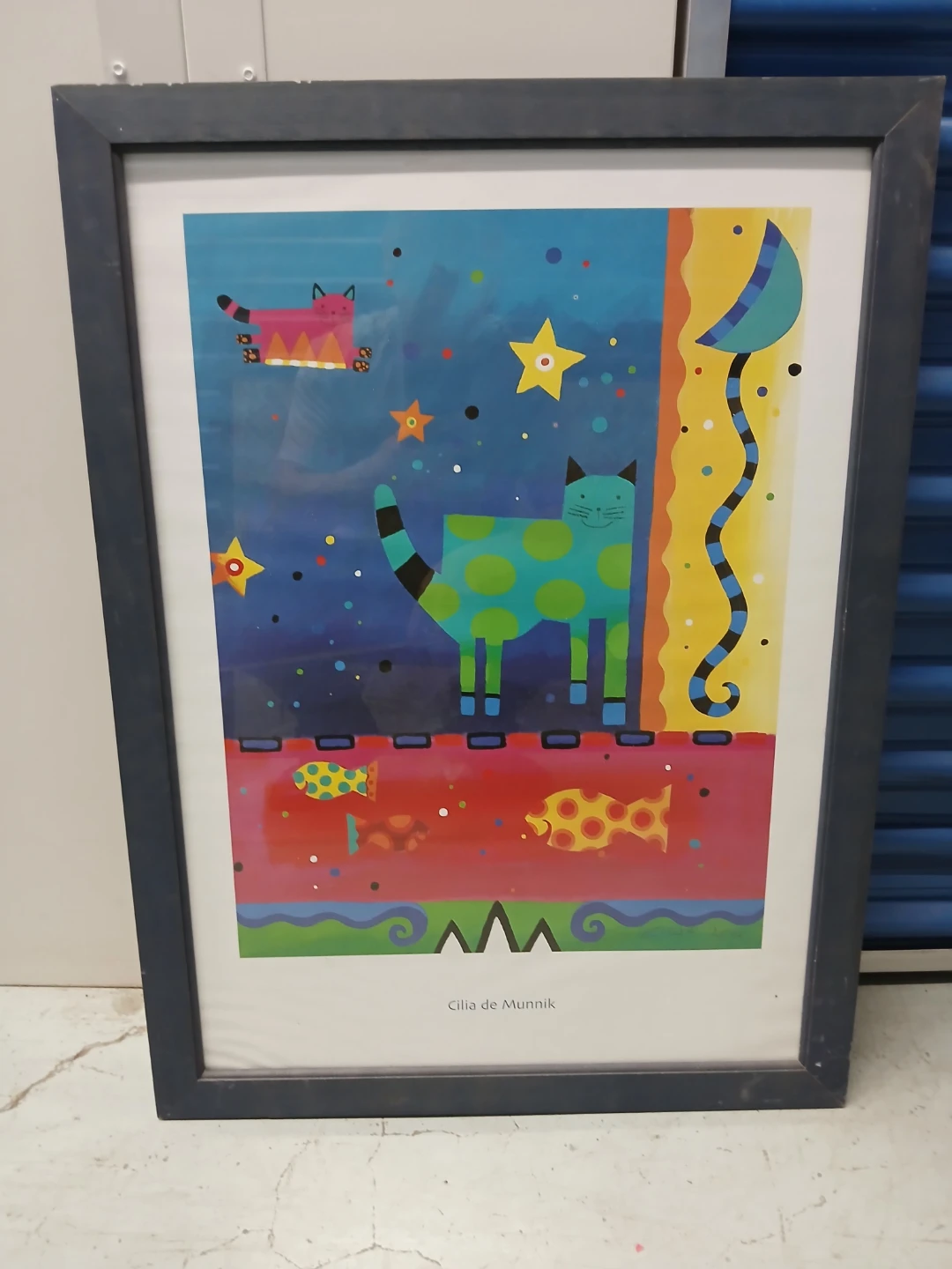 Framed Art Print by Cilia de Munnik - Whimsical Cats and Fish