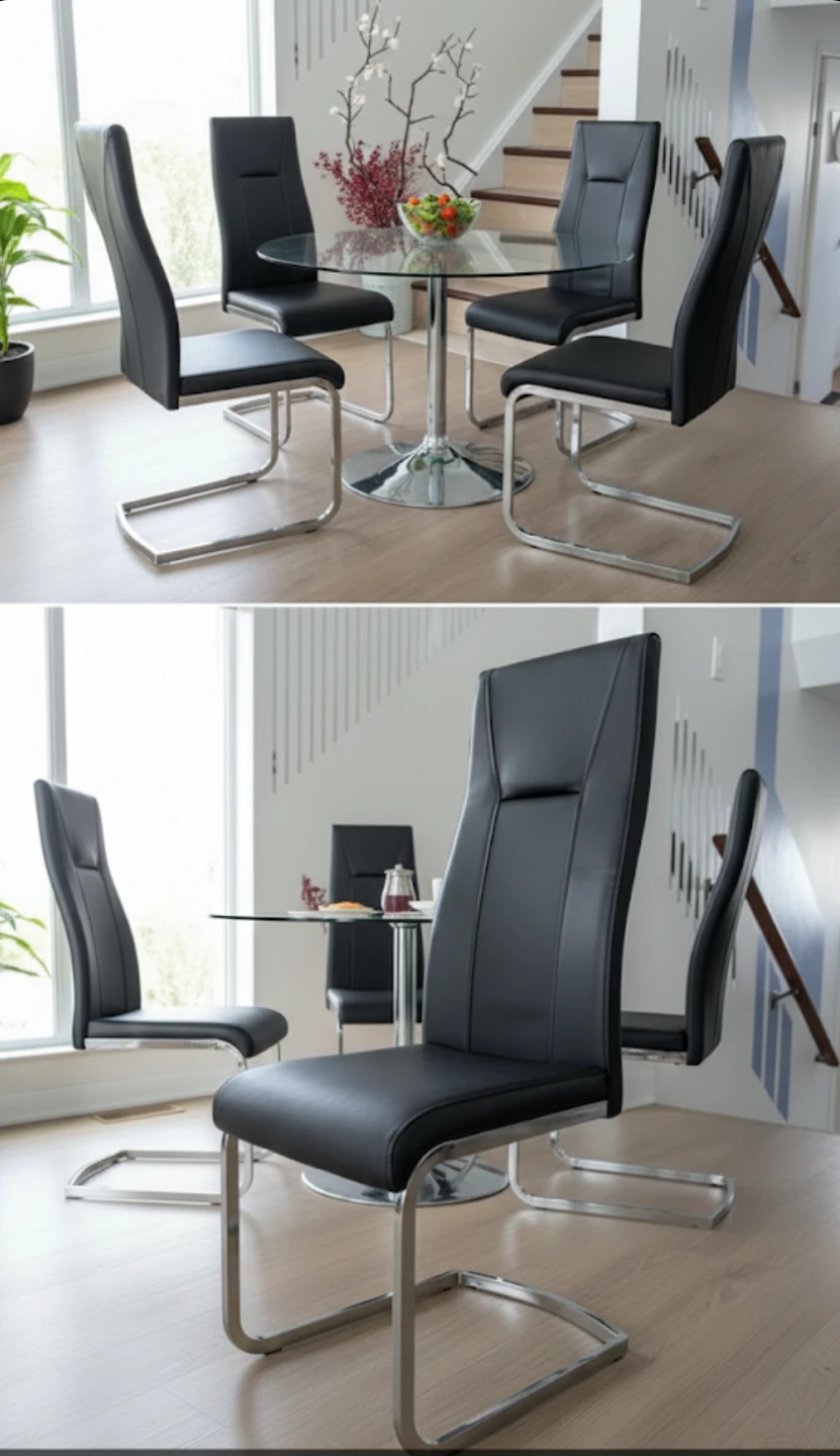 Black leatherette Dining Chairs with Chrome Base (Set of 4) - photo 2