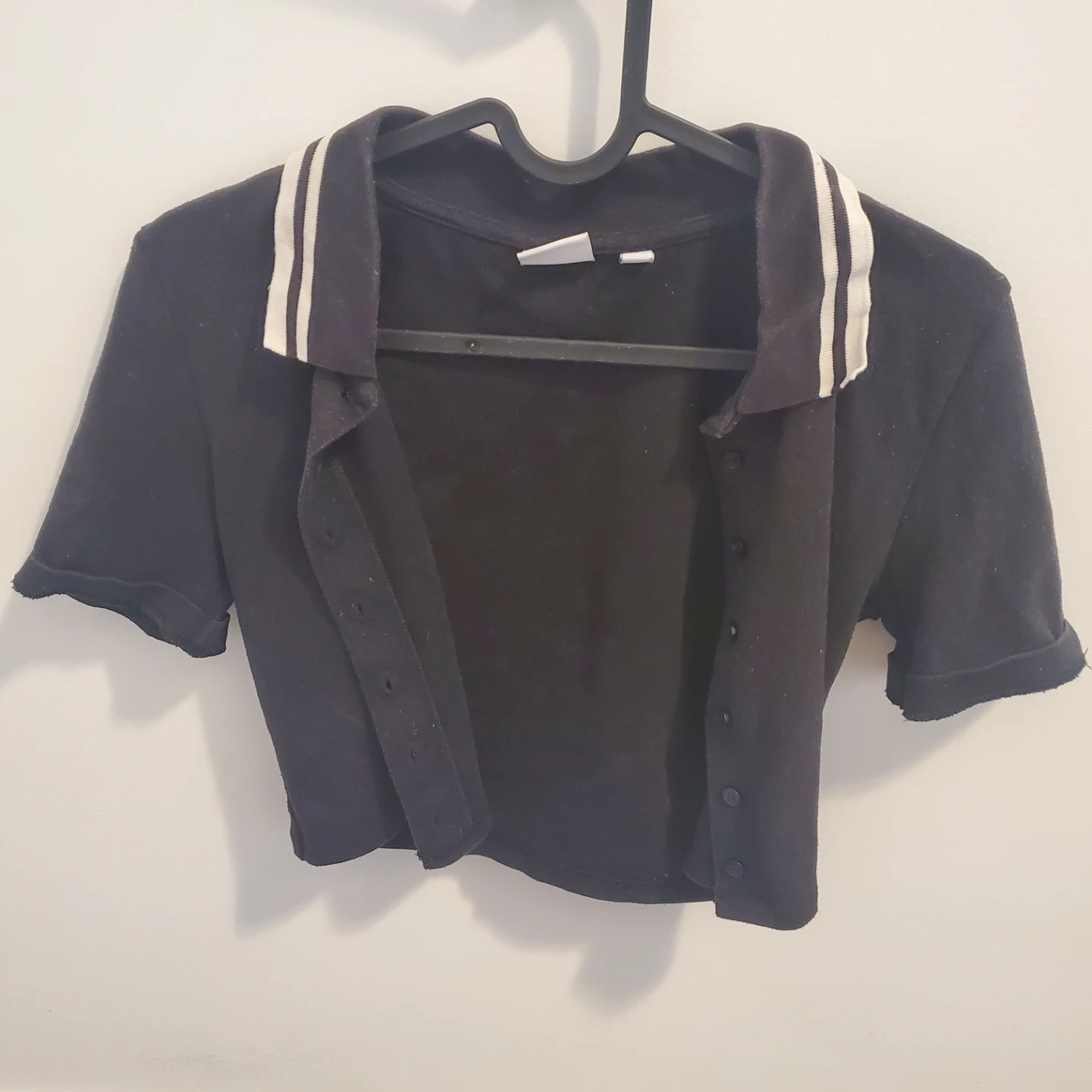 Black Cropped Polo Shirt with White Stripes