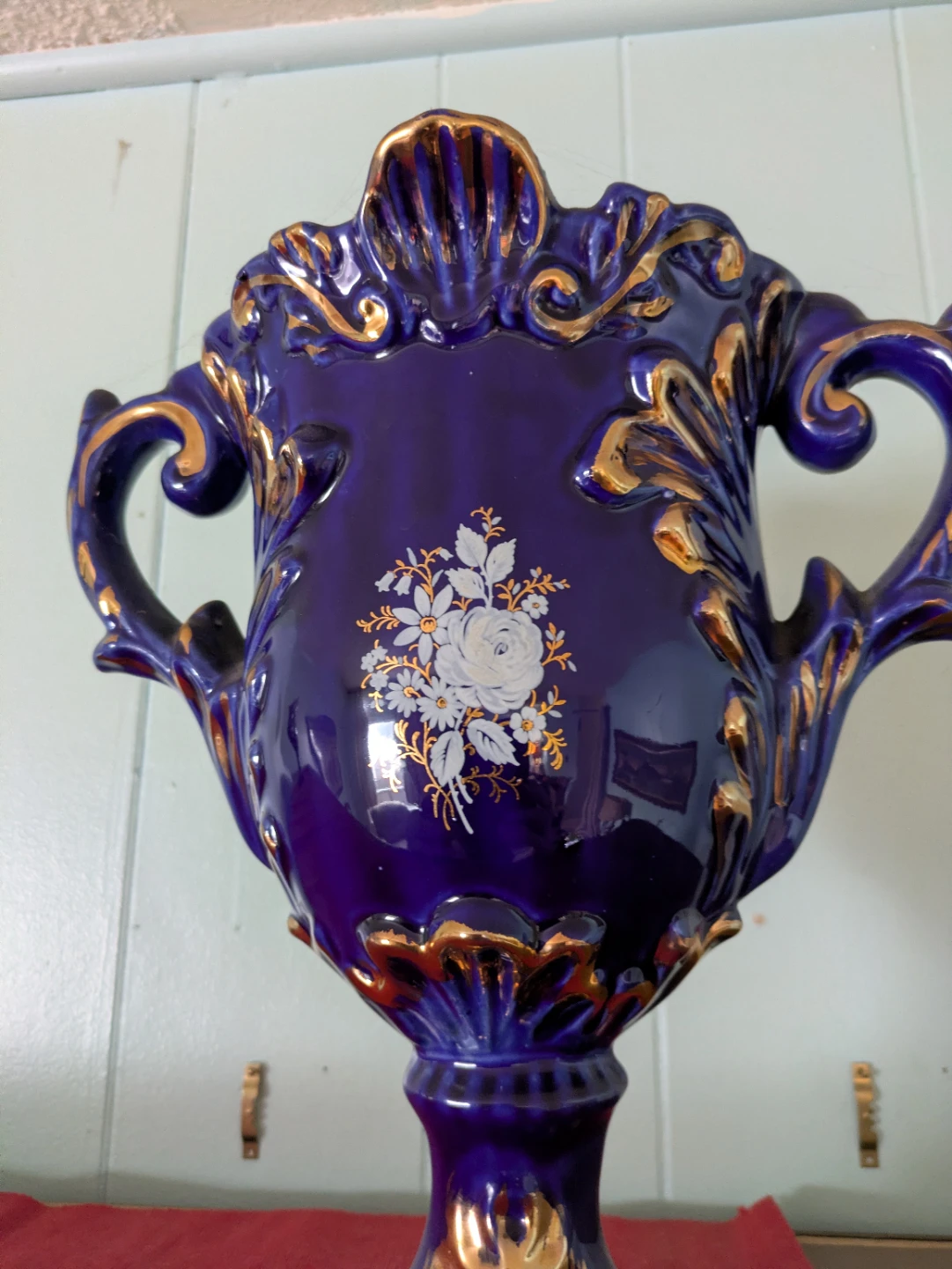Vintage Royal Blue Porcelain Vase with Gold Trim