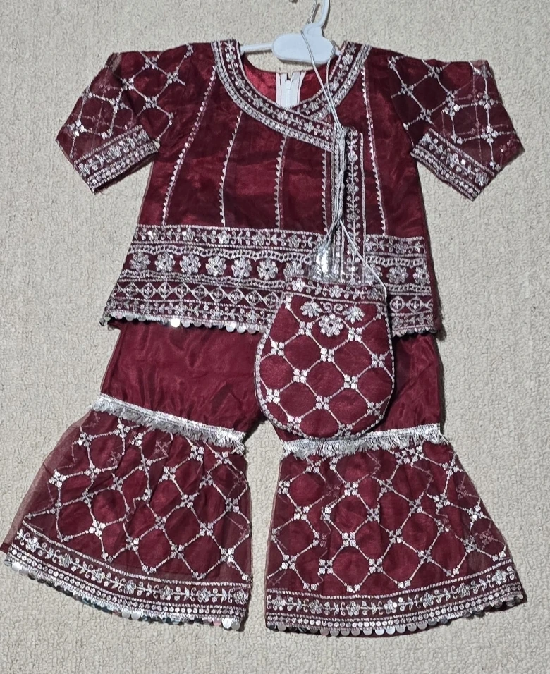 Maroon Embroidered Girls Outfit with Matching Bag