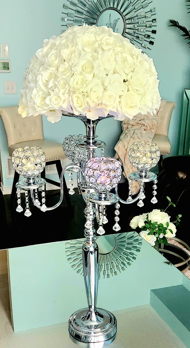 Silver Crystal Candelabra with White Roses