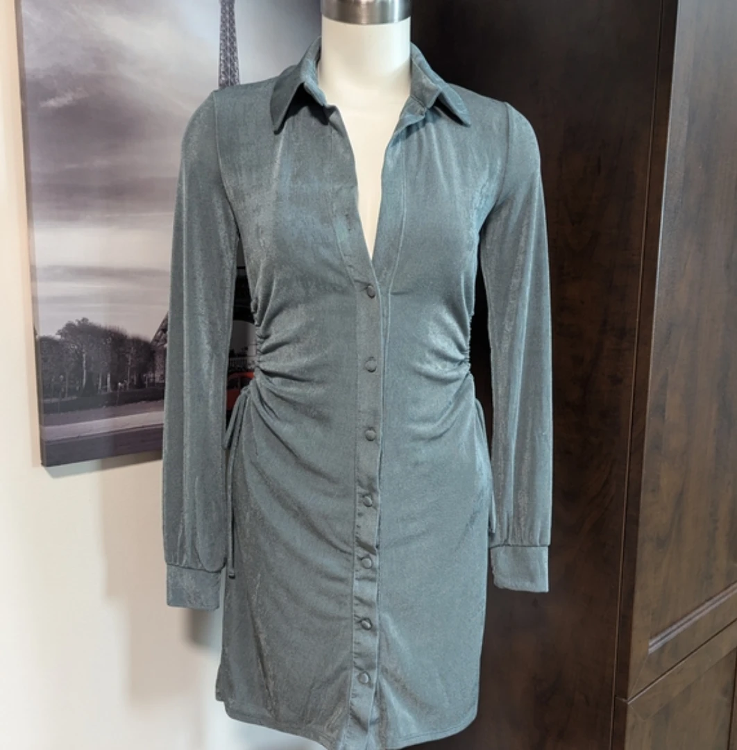 Grey Ruched Shirt Dress