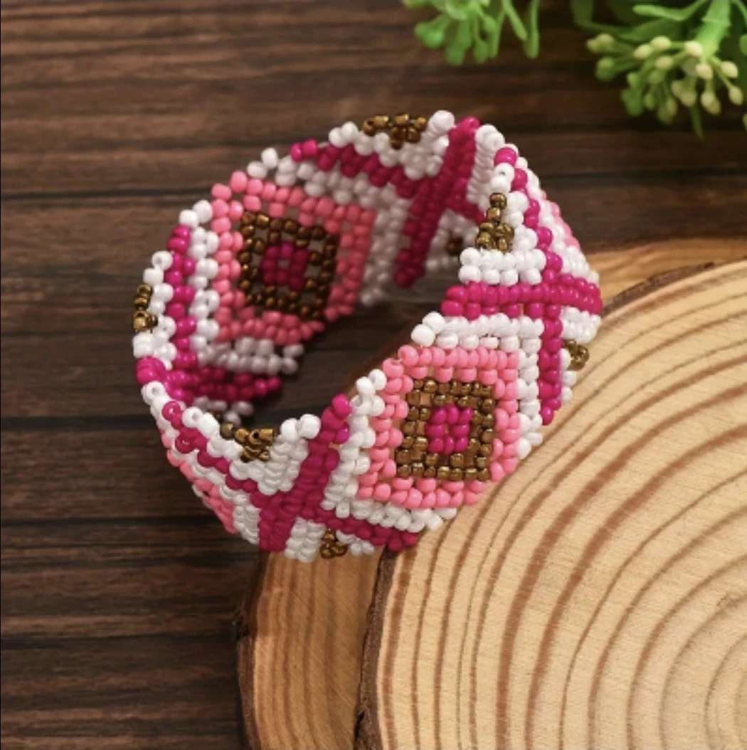 Handmade Geometric Beaded Cuff Bracelet • 3 Colors - photo 4