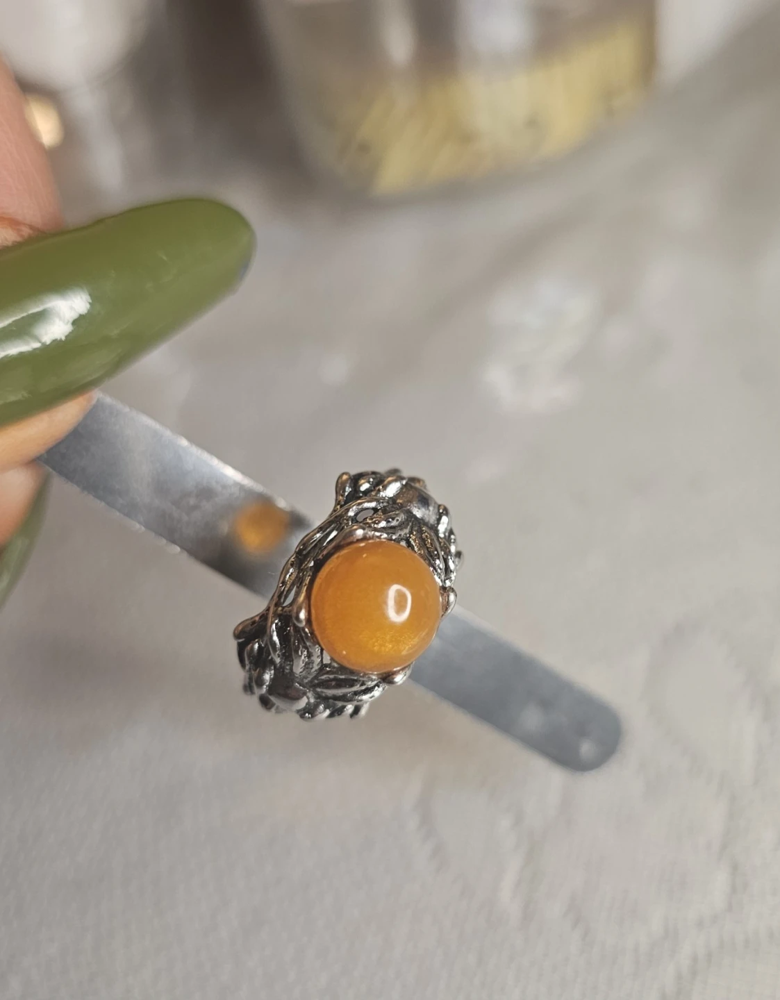 Orange Amber Gemstone ring in copper setting