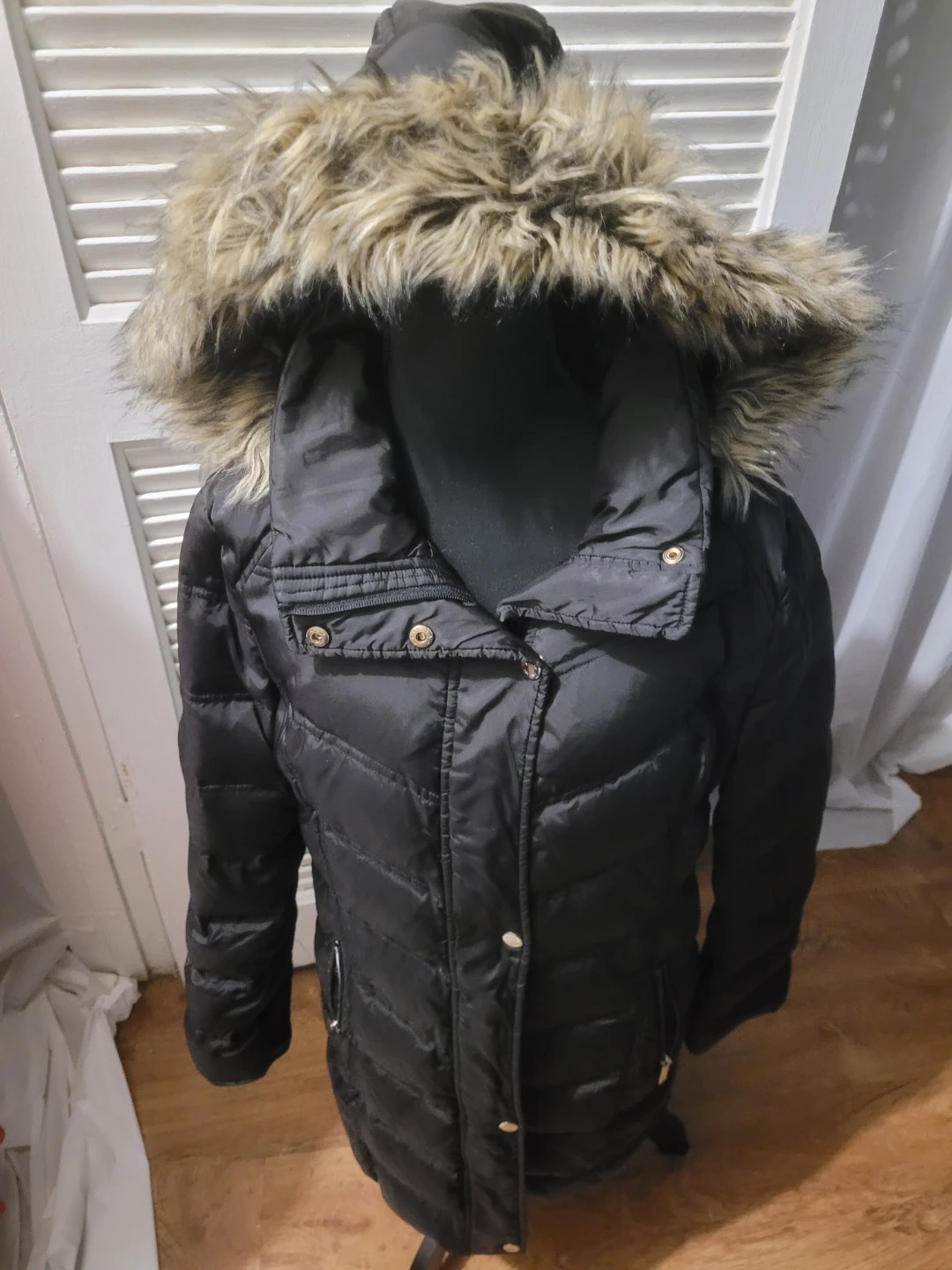 Women's Black Puffer Coat with Fur Hood - photo 2