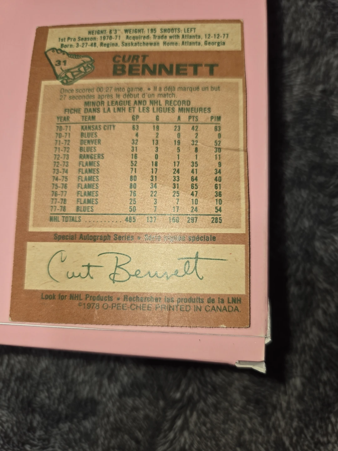 Curt Bennett 1978-79 O-Pee-Chee Hockey Card with stats - photo 2