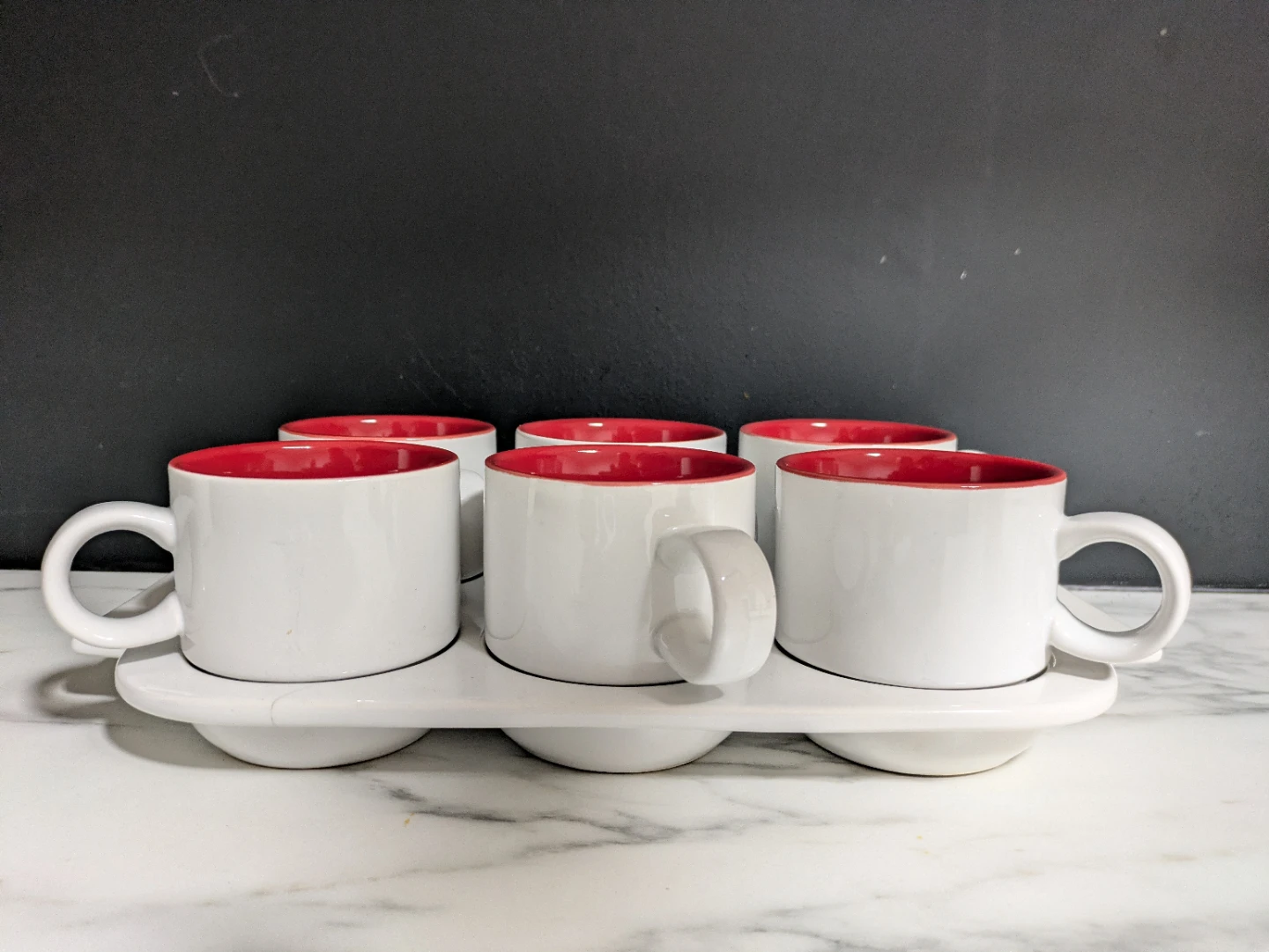 Crate & Barrel Stoneware Mugs Set of 6 White with Red Interior