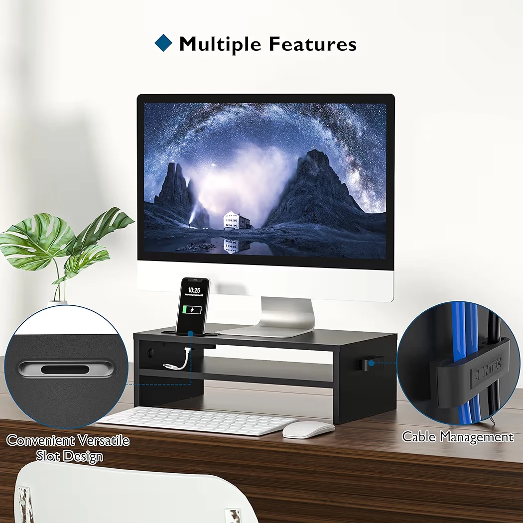 Black Monitor Stand with Storage and Cable Management