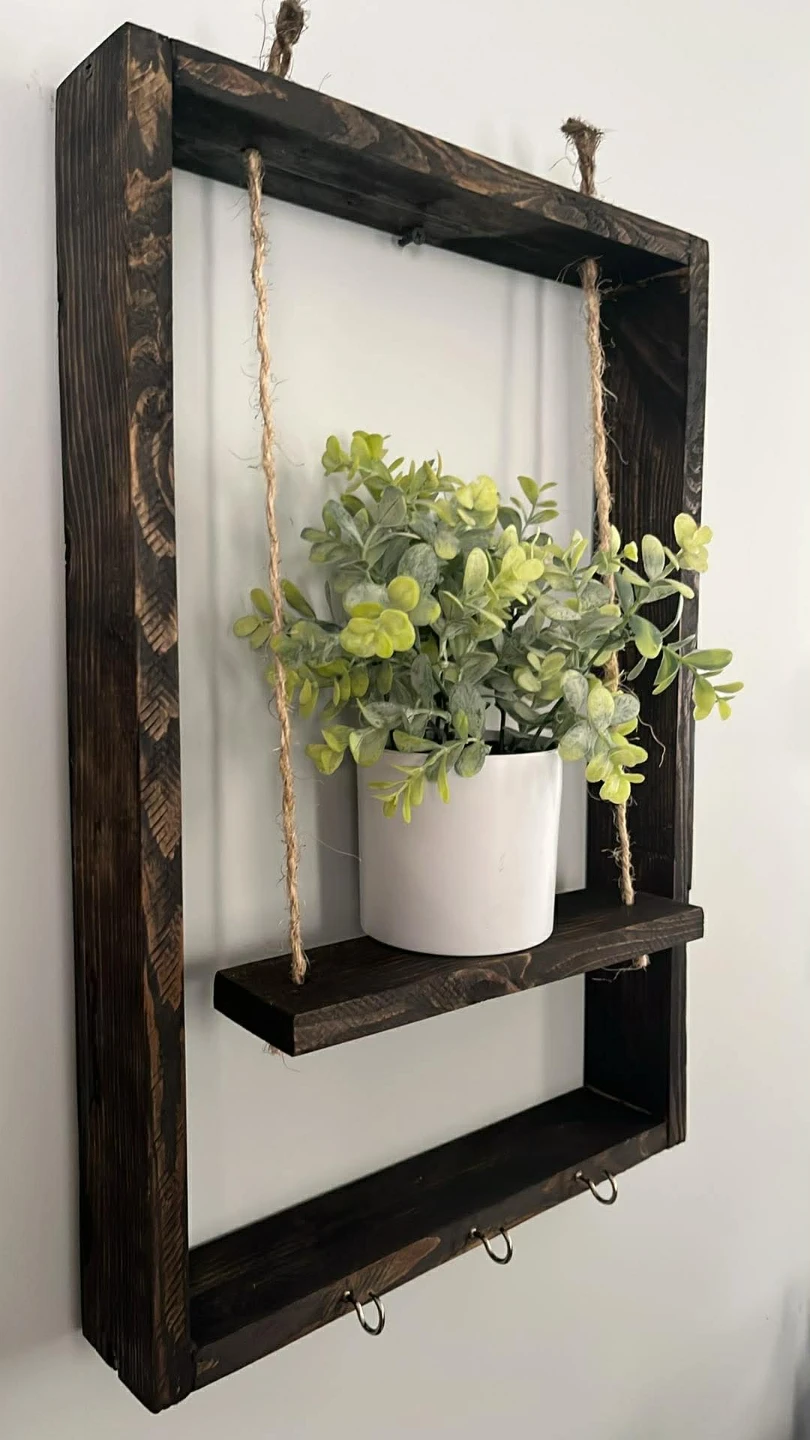 Rustic Wood Hanging Shelf with Key Hooks