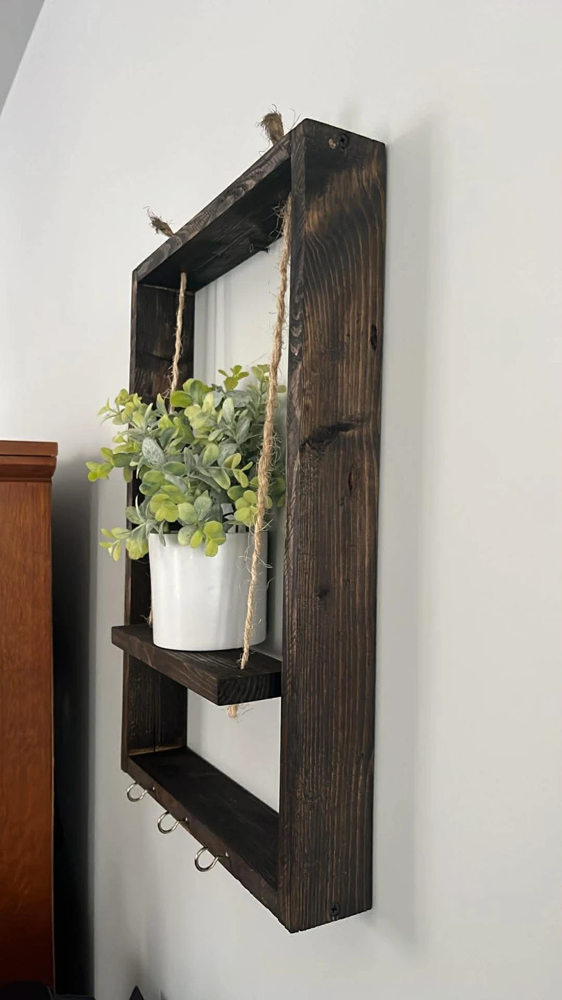 Rustic Wood Hanging Shelf with Key Hooks - photo 2