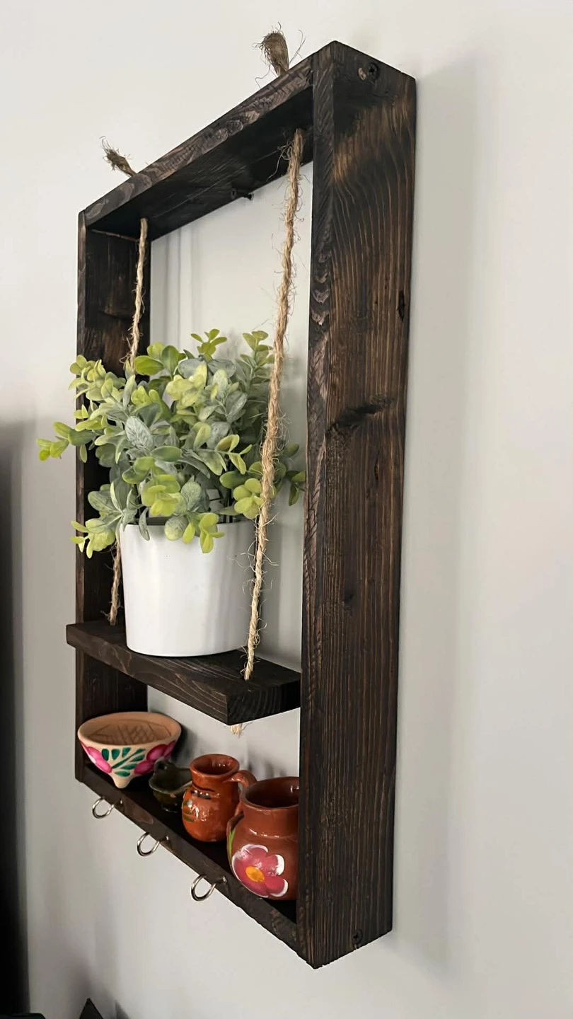 Rustic Wood Hanging Shelf with Key Hooks - photo 3