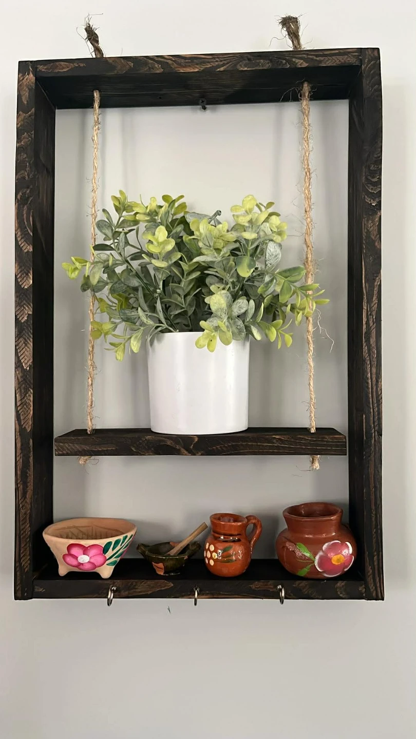 Rustic Wood Hanging Shelf with Key Hooks - photo 4