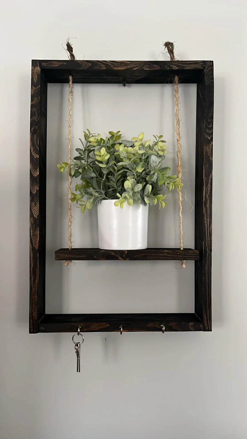 Rustic Wood Hanging Shelf with Key Hooks - photo 5