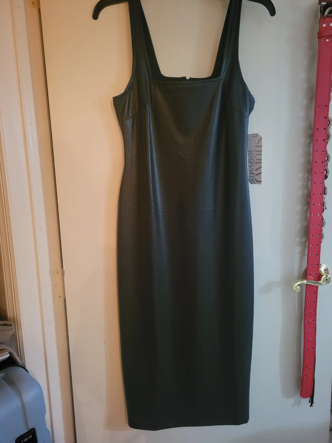 Black Faux Leather Square Neck Midi Dress