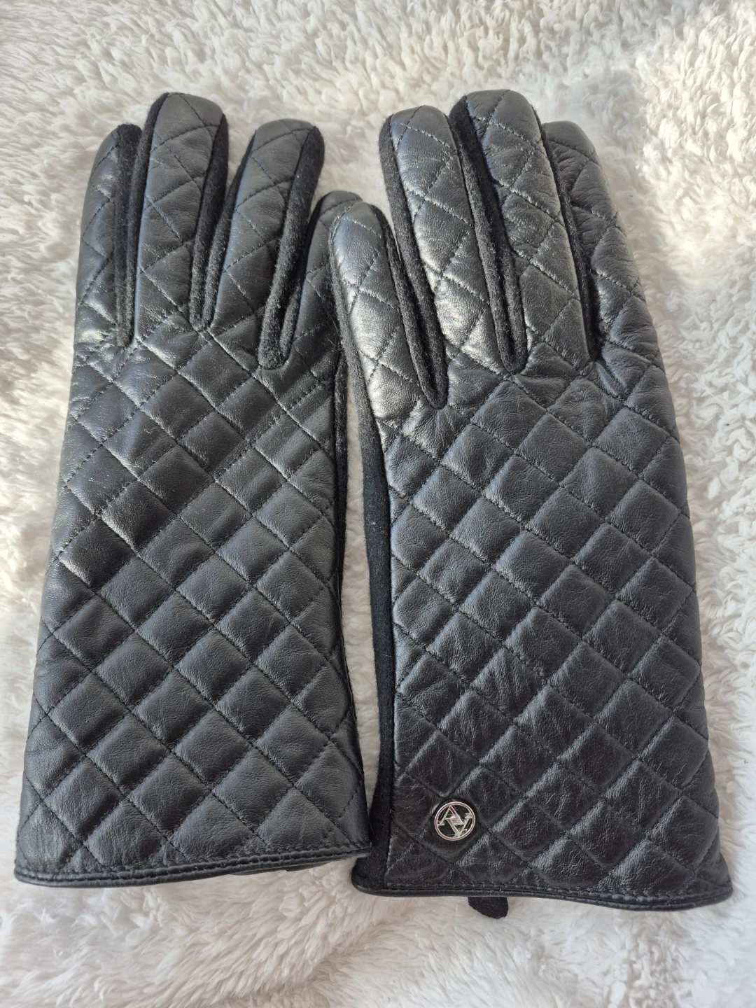 Black Quilted Leather & Wool Blend Gloves - Size L - photo 2