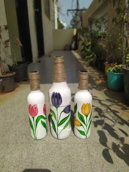 Set of 3 Hand-Painted Decorative Bottles with Tulips