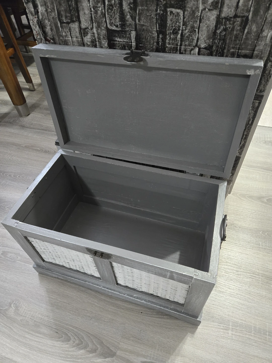 Grey Wooden Storage Trunk with Wicker Panels - photo 2