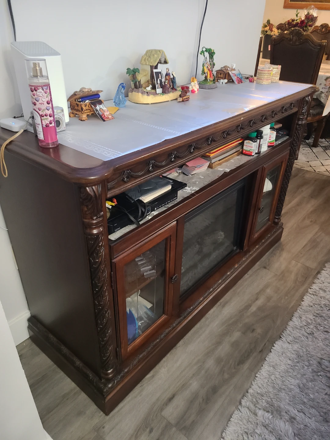 Dark Wood Electric Fireplace TV Stand with Glass Doors - photo 2