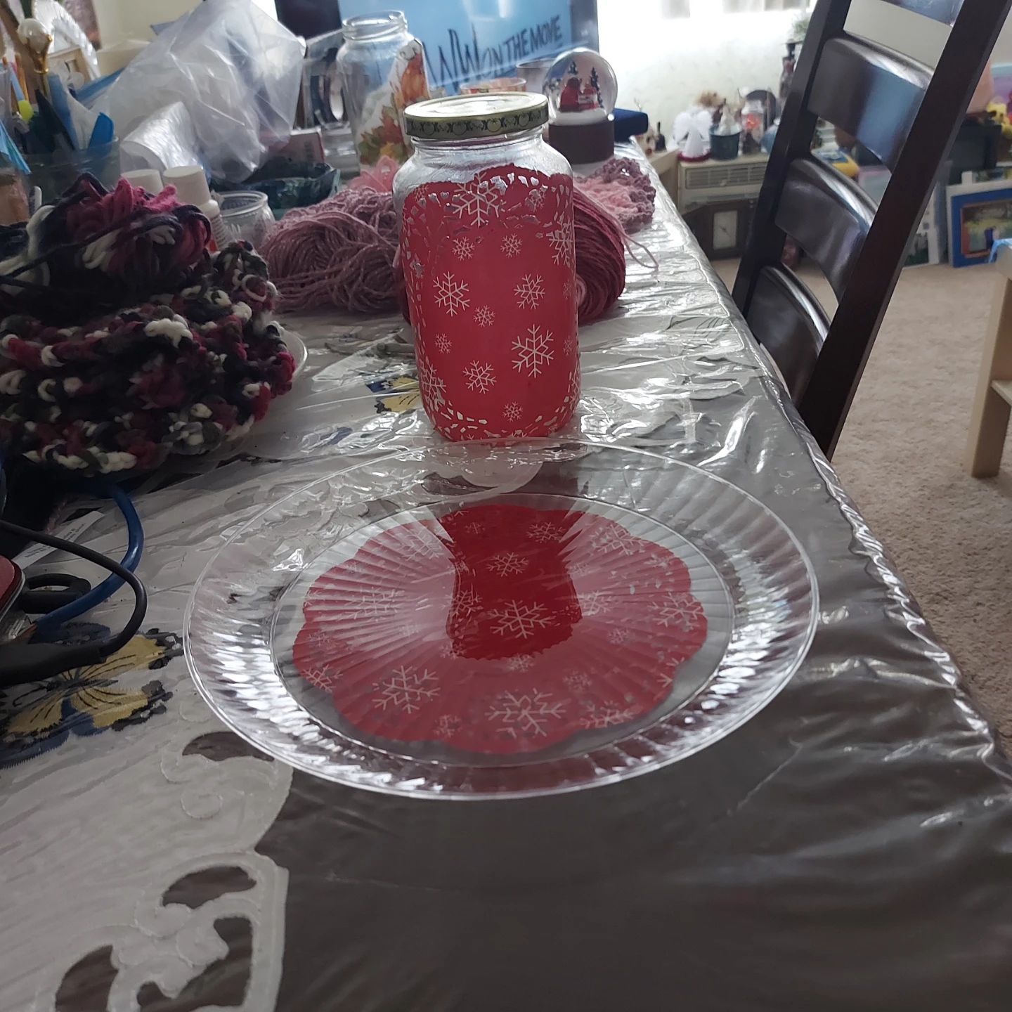 Red Mason Jar with Snowflakes