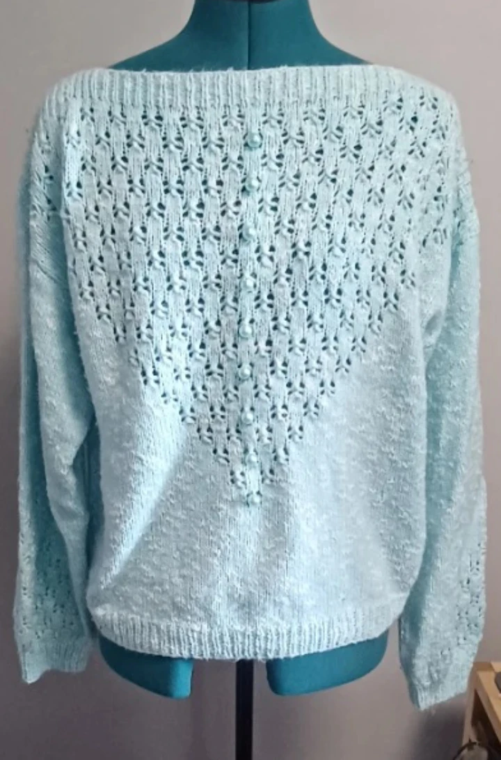 Light Blue Knit Sweater with Pearl Buttons